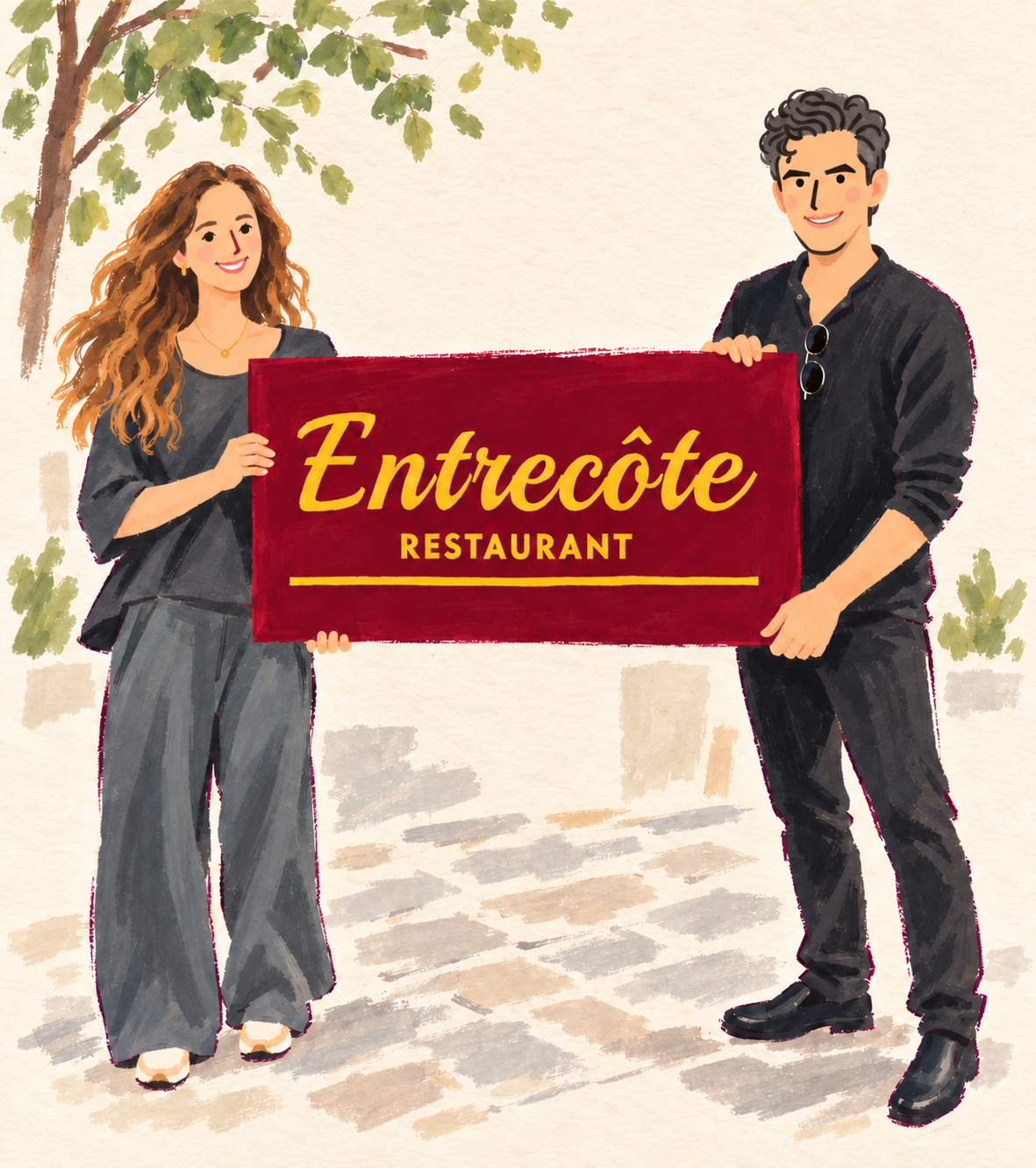 Gouache illustration of Florence and Soheil holding the Entrecôte Restaurant sign